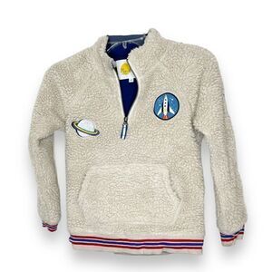 Mini Boden Ivory Space Race Embroidered Sherpa Half Zip Pullover Jacket 9-10 Yrs